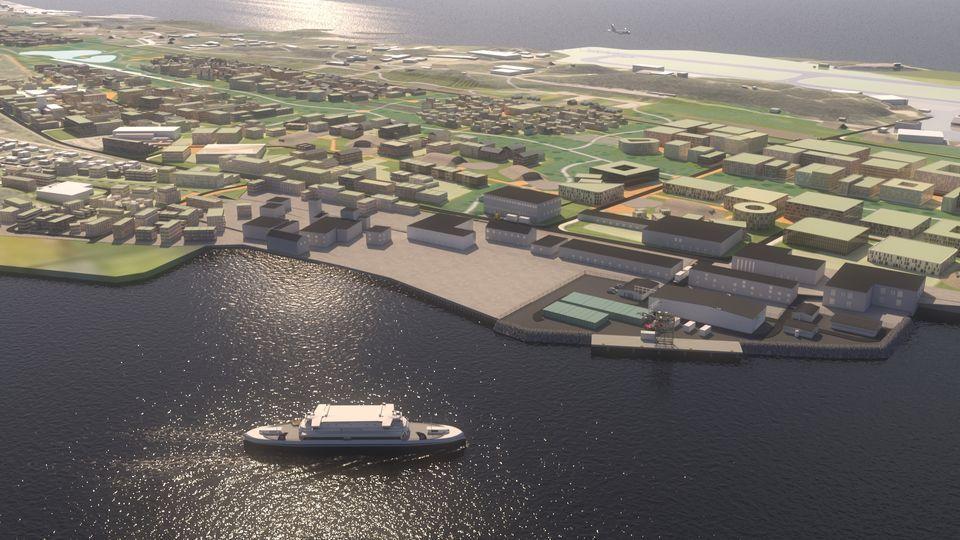 Illustration depicting the envisioned GreenH facility at Langstranda in Bodø, with the planned airport in the backdrop.