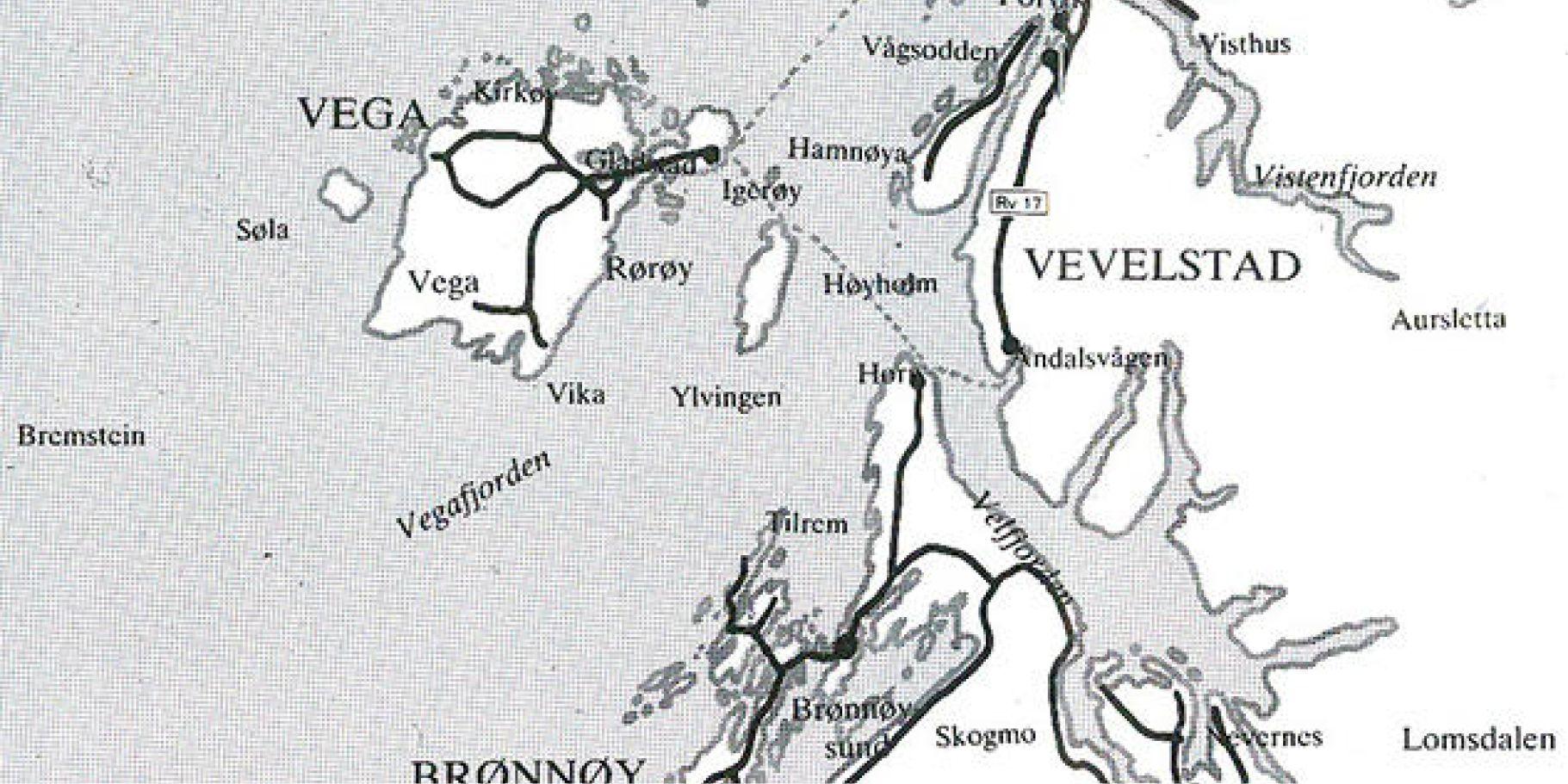 Svart hvit kart som viser kysten utenfor Brønnøysund med tydelig merking av Vega og fjereruter